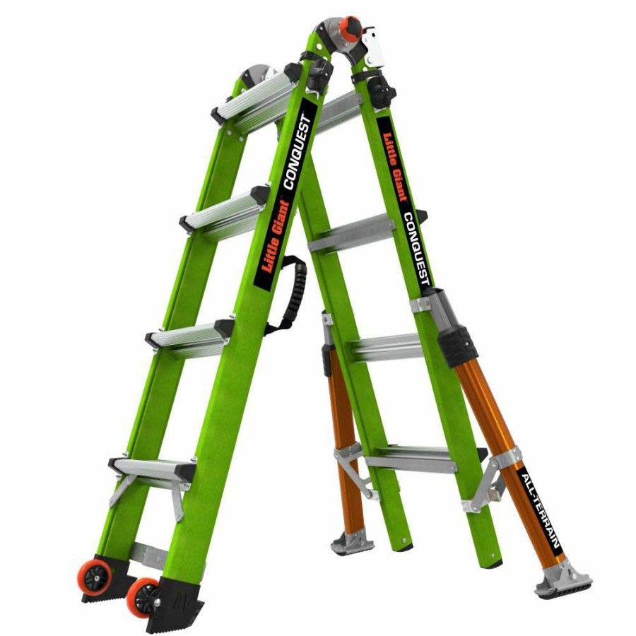 Ladders * | Conquest All-Terrain, Model 17 Ansi Type 1A 300 Lb Rated Fiberglass Articulated Extendable Ladder With Adjustable Outriggers, Accessory Ports, Carry Handle, V-Bar And Tip & Glide Wheels Little Giant Safety Fashionable