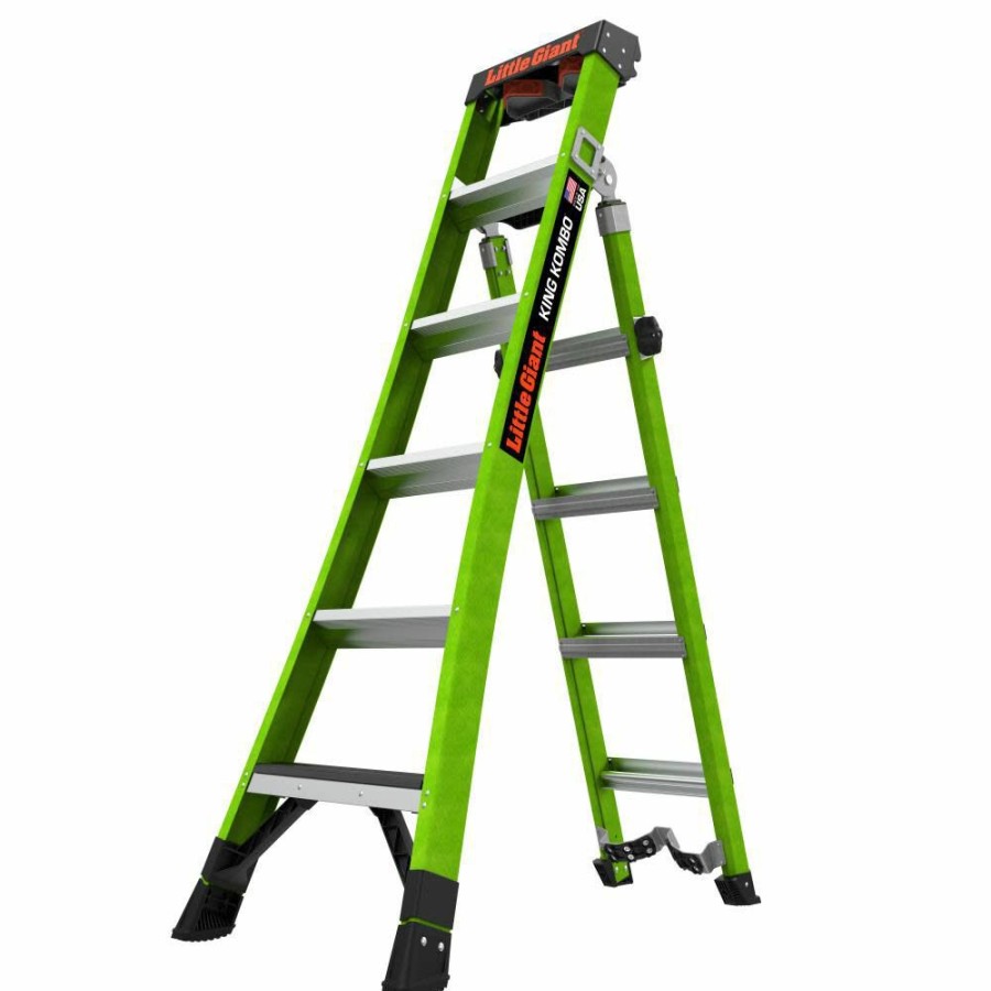 Ladders * | King Combo Xt, 6 Ansi Type Iaa 375 Lb Rated, Fiberglass 3-In-1 Extendable All-Access Combination Ladder With Grip-N-Go Single-Hand Release Hinge With Rotating Wall Pad Accessory, V-Bar, Ground Cue, And Heavy-Duty Feet Little Giant Safety High Quality